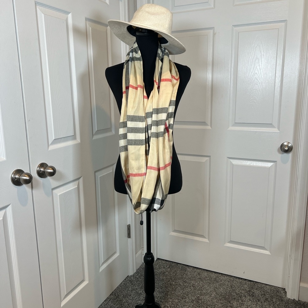 Elegant Plaid Infinity Scarf - Cream and Black  25"x 32"